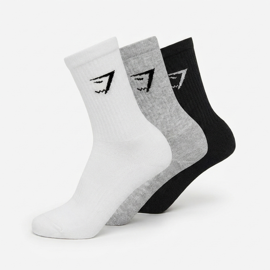 GYMSHARK Crew Socks 3pk White/Light Grey Core Marl/Black