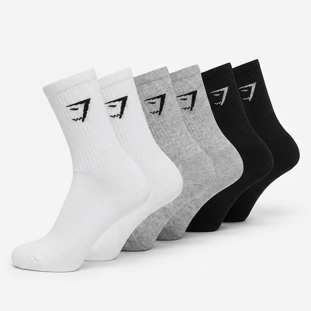 GYMSHARK Crew Socks 6pk White/Light Grey Core Marl/Black