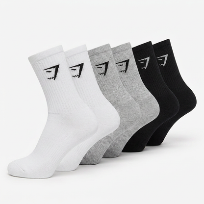 GYMSHARK Crew Socks 6pk White/Light Grey Core Marl/Black