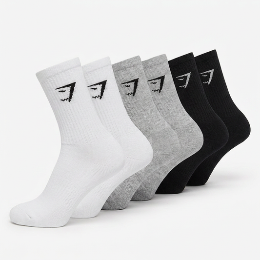 GYMSHARK Crew Socks 6pk White/Light Grey Core Marl/Black