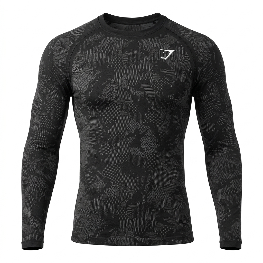 GYMSHARK Geo Seamless Long Sleeve T-Shirt Black Charcoal Grey