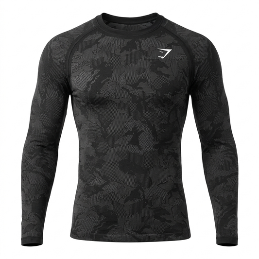 GYMSHARK Geo Seamless Long Sleeve T-Shirt Black Charcoal Grey