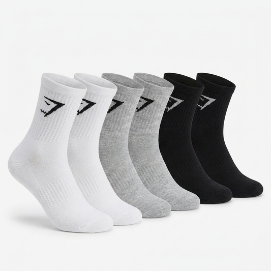 GYMSHARK Midi Socks 6pk White/Light Grey Core Marl/Black