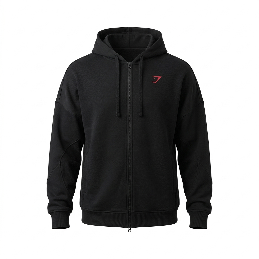 GYMSHARK Power Zip Up Hoodie Black/Conditioning Red