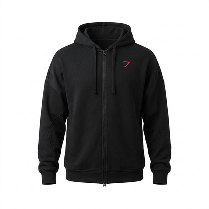 GYMSHARK Power Zip Up Hoodie Black/Conditioning Red