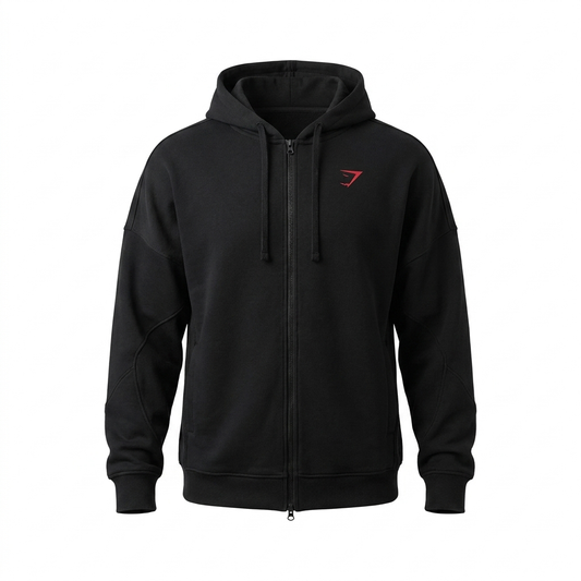 GYMSHARK Power Zip Up Hoodie Black/Conditioning Red