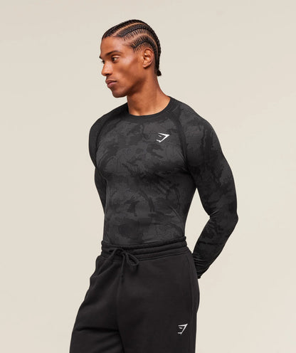 GYMSHARK Geo Seamless Long Sleeve T-Shirt Black Charcoal Grey — Gymshark | Authentic India