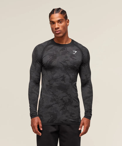 GYMSHARK Geo Seamless Long Sleeve T-Shirt Black Charcoal Grey — Gymshark | Authentic India