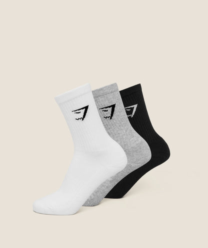 GYMSHARK Crew Socks 3pk White/Light Grey Core Marl/Black — Gymshark | Authentic India