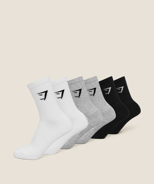 GYMSHARK Crew Socks 6pk White/Light Grey Core Marl/Black — Gymshark | Authentic India