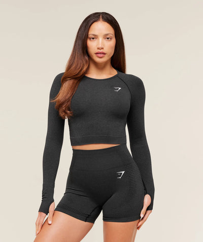 GYMSHARK Vital Seamless Long Sleeve Crop Top Black — GYMSHARK S | Authentic India