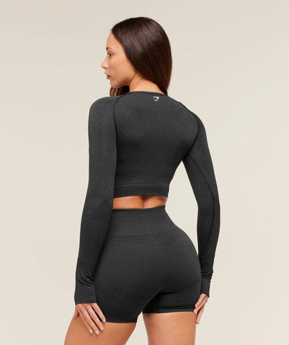 GYMSHARK Vital Seamless Long Sleeve Crop Top Black — GYMSHARK S | Authentic India