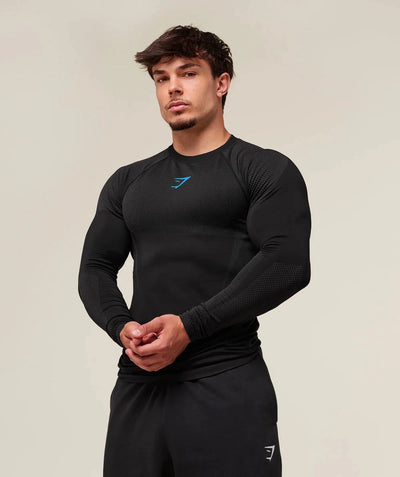 GYMSHARK Onyx 5.0 Seamless Long Sleeve T-shirt Black/Blue — GYMSHARK S | Authentic India