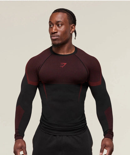 GYMSHARK Onyx 5.0 Seamless Long Sleeve T-shirt Black/Carmine Red — GYMSHARK S | Authentic India